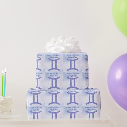 Cute Gemini Sign Custom Purple Happy Birthday Wrapping Paper