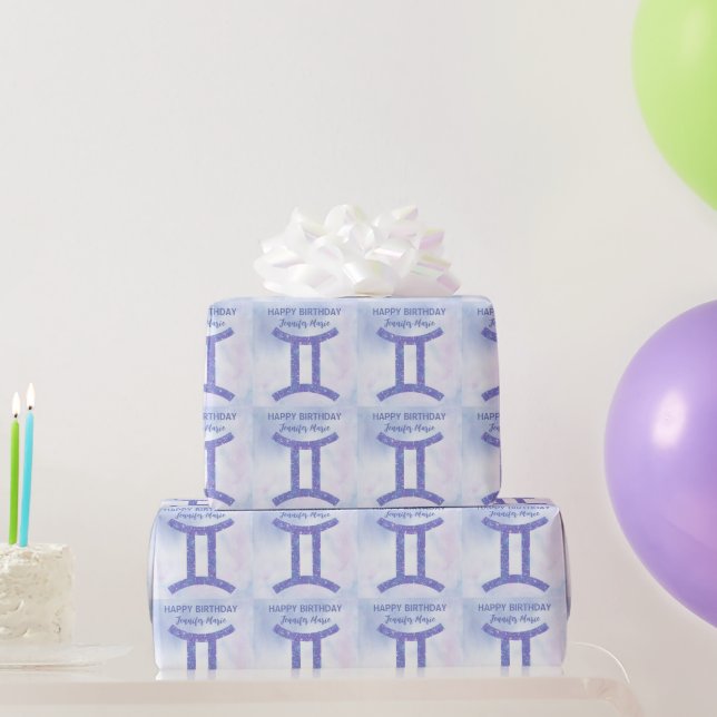 Cute Gemini Sign Custom Purple Happy Birthday Wrapping Paper (Party Gifts)