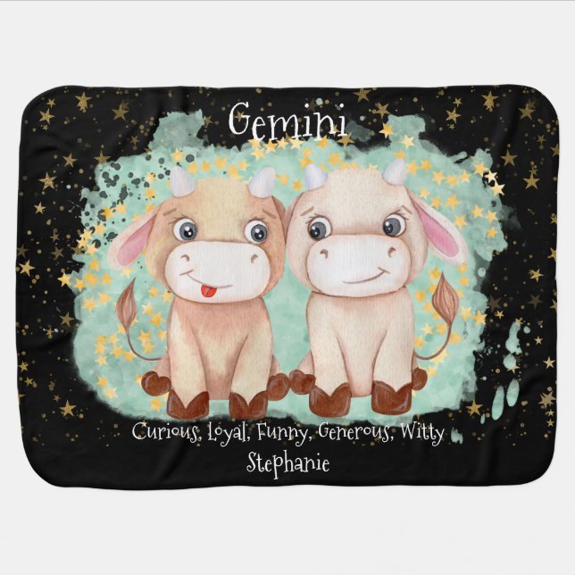 Cute Gemini Twins Watercolor Bull Zodiac Monogram Baby Blanket (Horizontal)