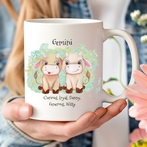 Cute Gemini Twins Watercolor Bull Zodiac Monogram Coffee Mug