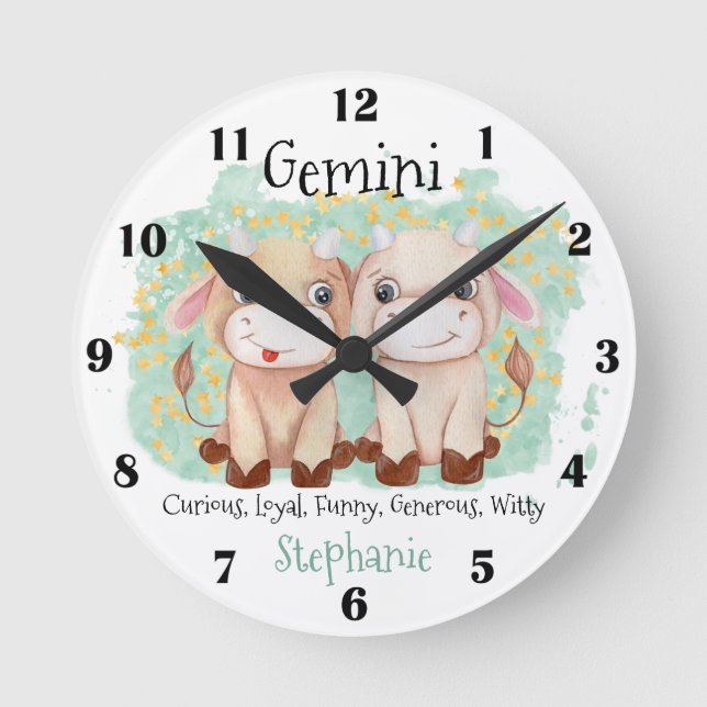 Cute Gemini Twins Watercolor Bull Zodiac Monogram Round Clock (Front)