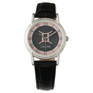 Cute Gemini Zodiac Sign Rose Pink Gray Custom Name Watch