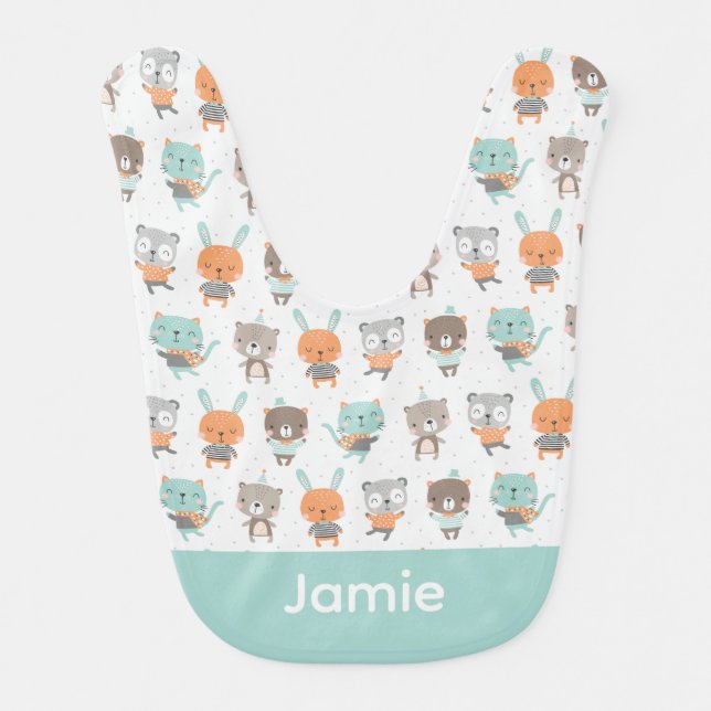 Cute gender neutral animals in soft colors baby bib (Front)