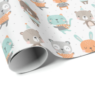 Cute gender neutral animals in soft colors wrapping paper