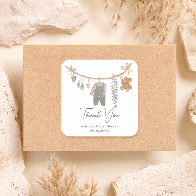Cute gender neutral boho baby shower thank you square sticker | Zazzle