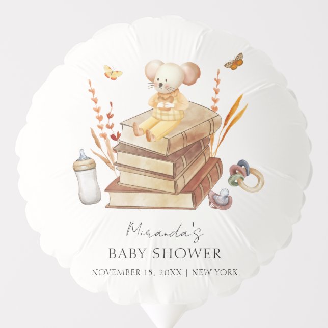 Cute Gender Neutral Boho Book Mouse Baby Shower  Balloon (Front)