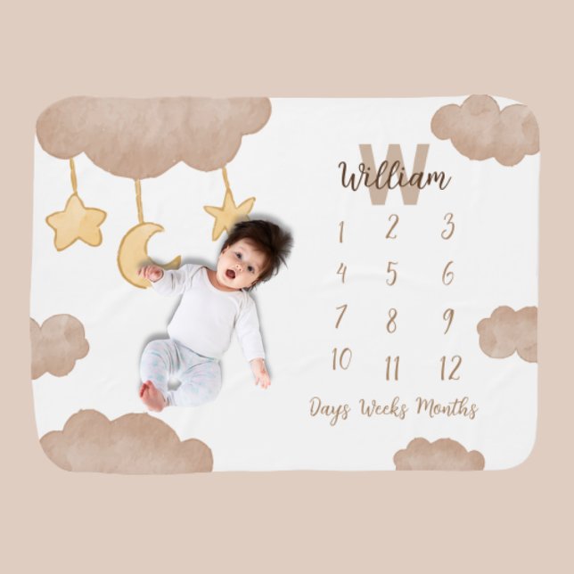 Cute Gender Neutral Boho Clouds Stars Milestone Baby Blanket (Cute Gender Neutral Boho Clouds Stars Milestone Baby Blanket)