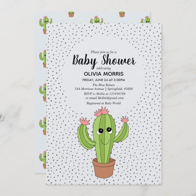 Cute Gender Neutral Cactus Plant Name Baby Shower Invitation (Front/Back)