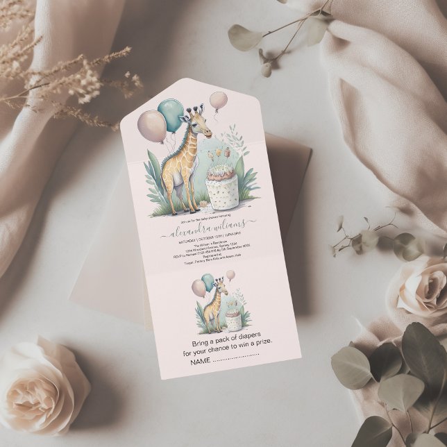 Cute Gender Neutral Giraffe Baby Shower All In One Invitation (Creator Uploaded)