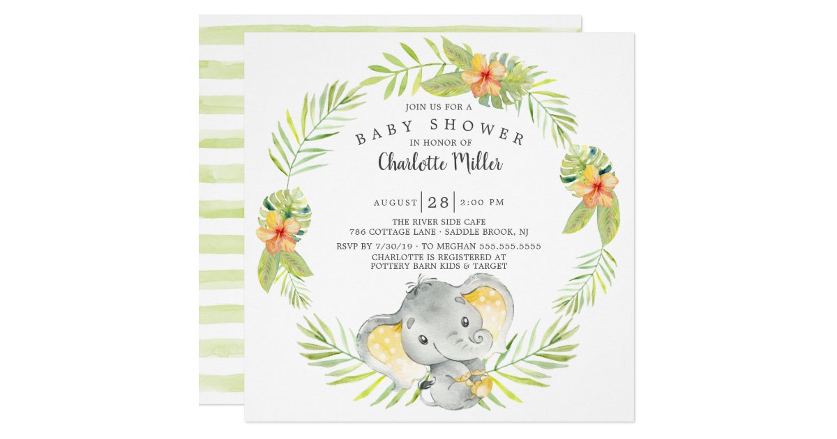 Cute Gender Neutral Jungle Elephant Baby Shower Invitation