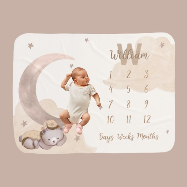 Cute Gender Neutral Moon Star Teddy Bear Milestone Baby Blanket (Cute Gender Neutral Moon Star Teddy Bear Milestone Baby Blanket)