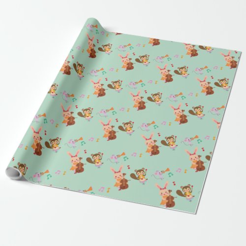 Cute Gender Neutral Musical Animals Green Wrapping Paper