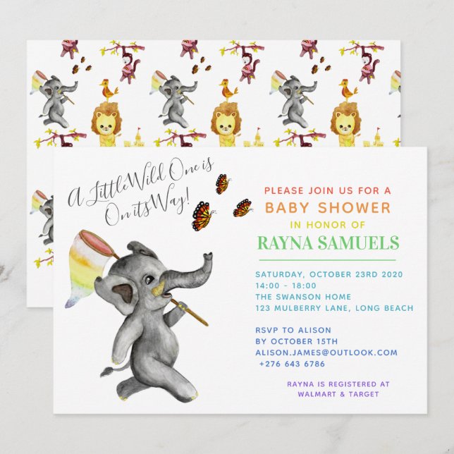 Cute Gender Neutral Safari Elephant Baby Shower Invitation (Front/Back)