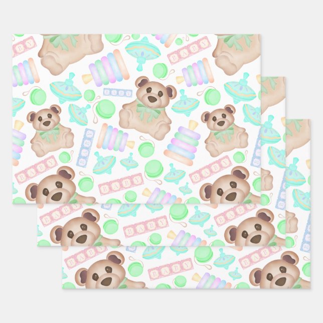 Cute Gender Neutral Teddy Bear Baby Wrapping Paper Sheets (Set)