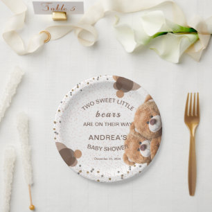 Cute Gender Neutral Twin Bears Baby Shower Paper Plates