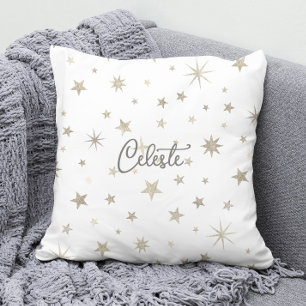 Cute Gender Neutral White Silver Star Elegant Throw Pillow