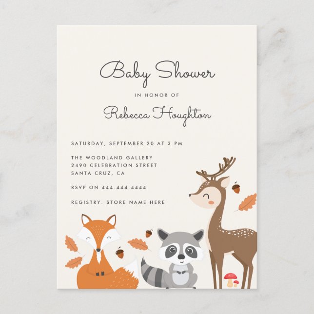 Cute Gender Neutral Woodland Animals Baby Shower Invitation Postcard (Front)