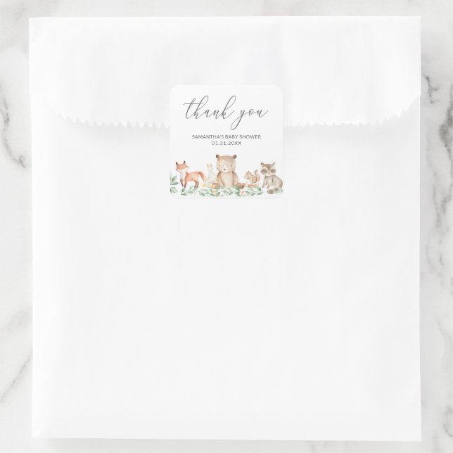 Cute Gender Neutral Woodland Animals Baby Shower Square Sticker (Bag)