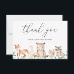 Cute Gender Neutral Woodland Animals Baby Shower Thank You Card<br><div class="desc">Cute flat baby shower thank you card featuring a watercolor painted scene with woodland animals in a forest and "thank you" in a whimsical script font along with your name. The backside has your personalized message, which makes sending out your thank you cards quick and easy. This rustic baby shower...</div>