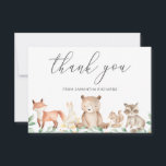 Cute Gender Neutral Woodland Animals Baby Shower Thank You Card<br><div class="desc">Cute flat baby shower thank you card featuring a watercolor painted scene with woodland animals in a forest and "thank you" in a whimsical script font along with your name. The backside has your personalized message, which makes sending out your thank you cards quick and easy. This rustic baby shower...</div>