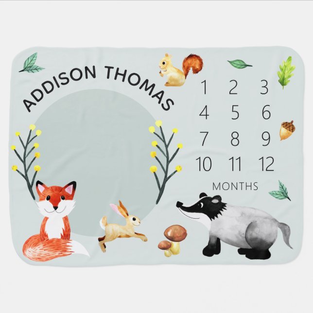 Cute Gender Neutral Woodland Animals Milestone Baby Blanket (Horizontal)