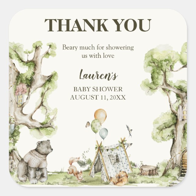 Cute Gender Neutral Woodland Baby Shower Thank You Square Sticker (Front)