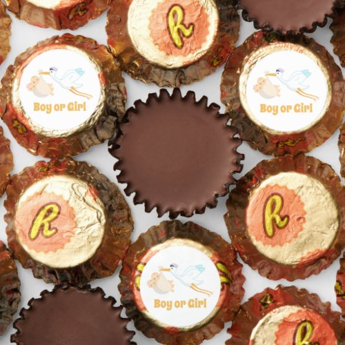 cute gender reveal add text stork reeses peanut butter cups