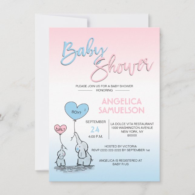 Cute Gender Reveal Neutral Elephant Baby Shower Invitation (Front)