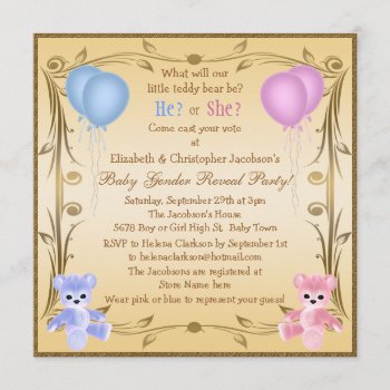 Cute Gender Reveal Teddy Bears Invitation by GroovyGraphics at Zazzle