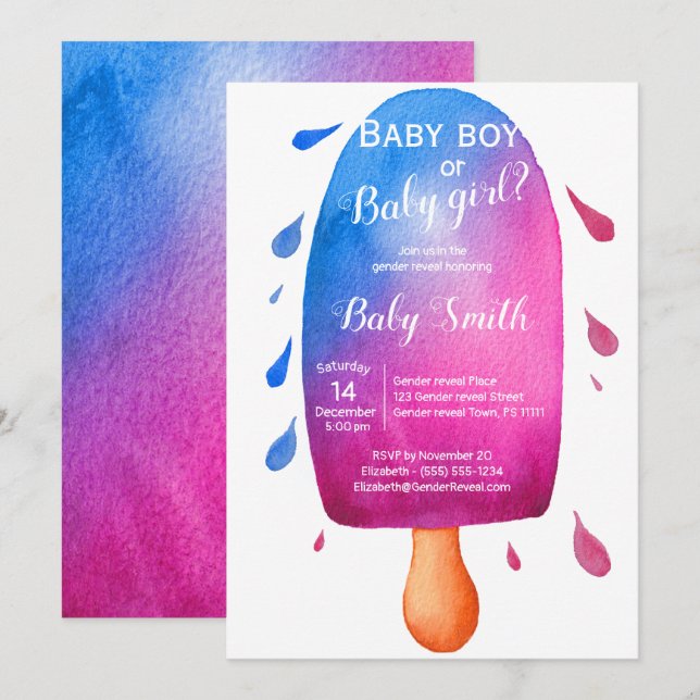 Cute gender reveal watercolor popsicle invitation (Front/Back)