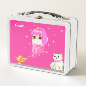 Cute genie, magic lamp, cat & stars on pink  metal lunch box