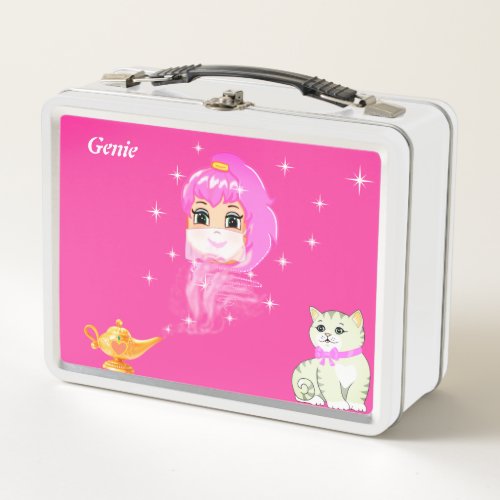 Cute genie magic lamp cat  stars on pink  metal lunch box