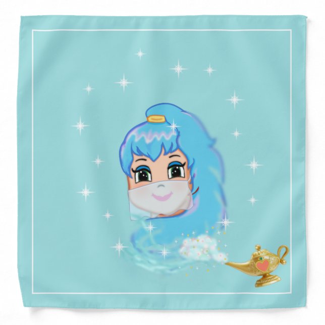 Cute Genie, Stars & Magic Lamp on Light Blue Bandana (Front)