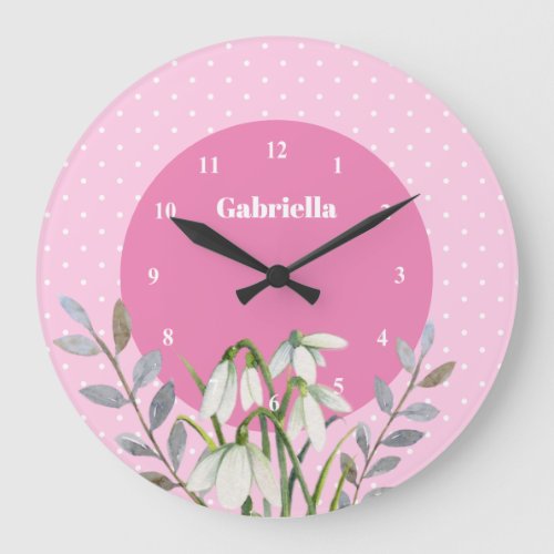 Cute Gentle White Snowdrops Leafy Pink Polka Dots  Large Clock