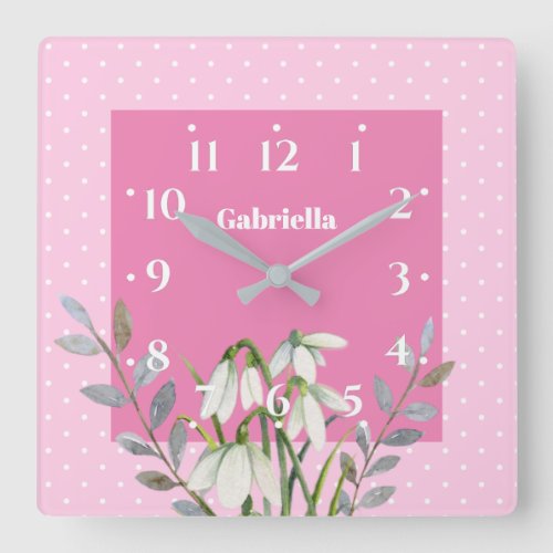 Cute Gentle White Snowdrops Leafy Pink Polka Dots Square Wall Clock