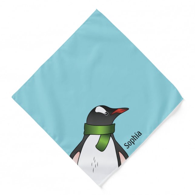 Cute Gentoo Penguin Wearing A Green Scarf On Blue Bandana (Front)