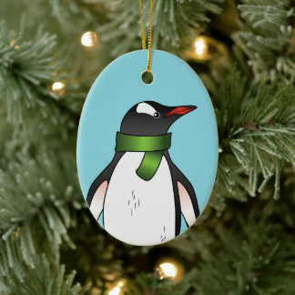 Cute Gentoo Penguin Wearing A Green Scarf On Blue Ceramic Ornament