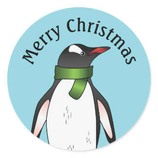 Cute Gentoo Penguin Wearing A Green Scarf On Blue Classic Round Sticker