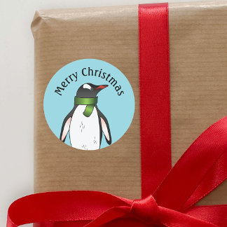 Cute Gentoo Penguin Wearing A Green Scarf On Blue Classic Round Sticker