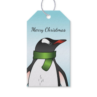 Cute Gentoo Penguin Wearing A Green Scarf On Blue Gift Tags