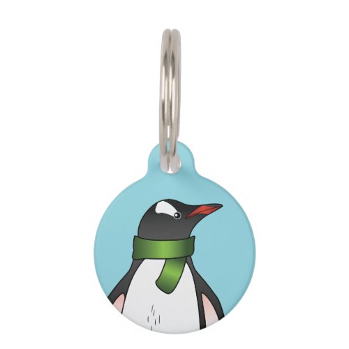 Cute Gentoo Penguin Wearing A Green Scarf On Blue Pet ID Tag