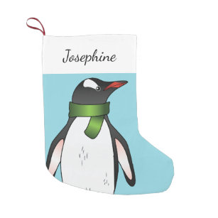 Cute Gentoo Penguin Wearing A Green Scarf On Blue Small Christmas Stocking