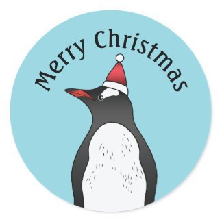 Cute Gentoo Penguin Wearing A Santa Hat On Blue Classic Round Sticker