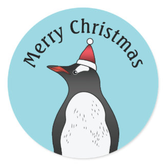 Cute Gentoo Penguin Wearing A Santa Hat On Blue Classic Round Sticker