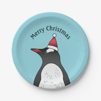 Cute Gentoo Penguin Wearing A Santa Hat On Blue Paper Plates