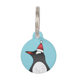 Cute Gentoo Penguin Wearing A Santa Hat On Blue Pet ID Tag