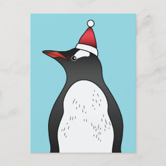 Cute Gentoo Penguin Wearing A Santa Hat On Blue Postcard