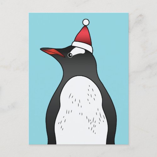 Cute Gentoo Penguin Wearing A Santa Hat On Blue Postcard