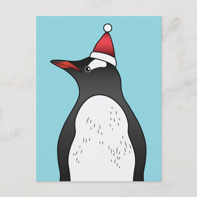 Cute Gentoo Penguin Wearing A Santa Hat On Blue Postcard (Front)