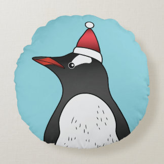 Cute Gentoo Penguin Wearing A Santa Hat On Blue Round Pillow